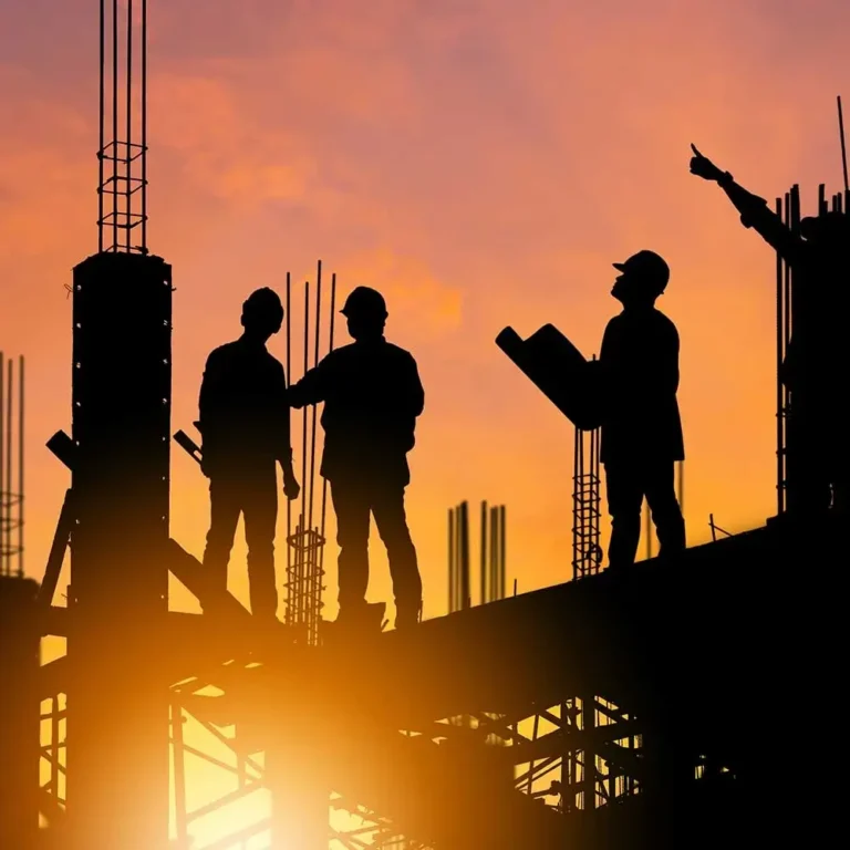 Silhouette of engineer and worker on construction site